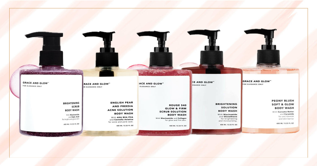 Grace and Glow hydrating body wash in 400ml bottle, moisturizing and gentle soap for soft, refreshed skin.