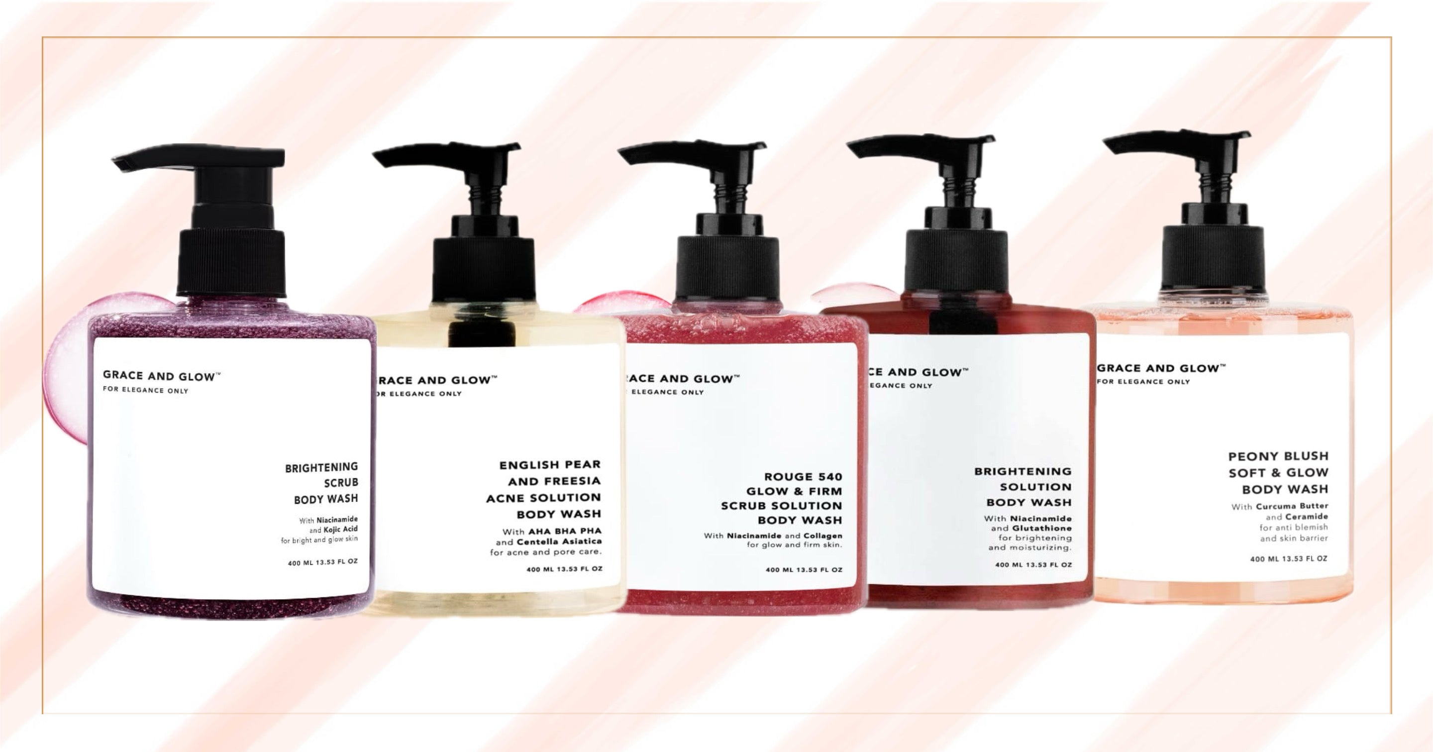 Grace and Glow hydrating body wash in 400ml bottle, moisturizing and gentle soap for soft, refreshed skin.