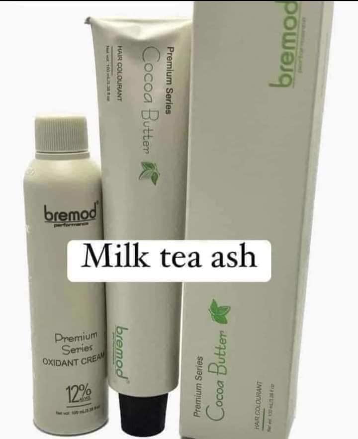 Bremod Milk Tea Ash Hair Dye kit with 100ml cocoa butter hair colorant and 12% oxidant cream for salon-quality hair coloring.