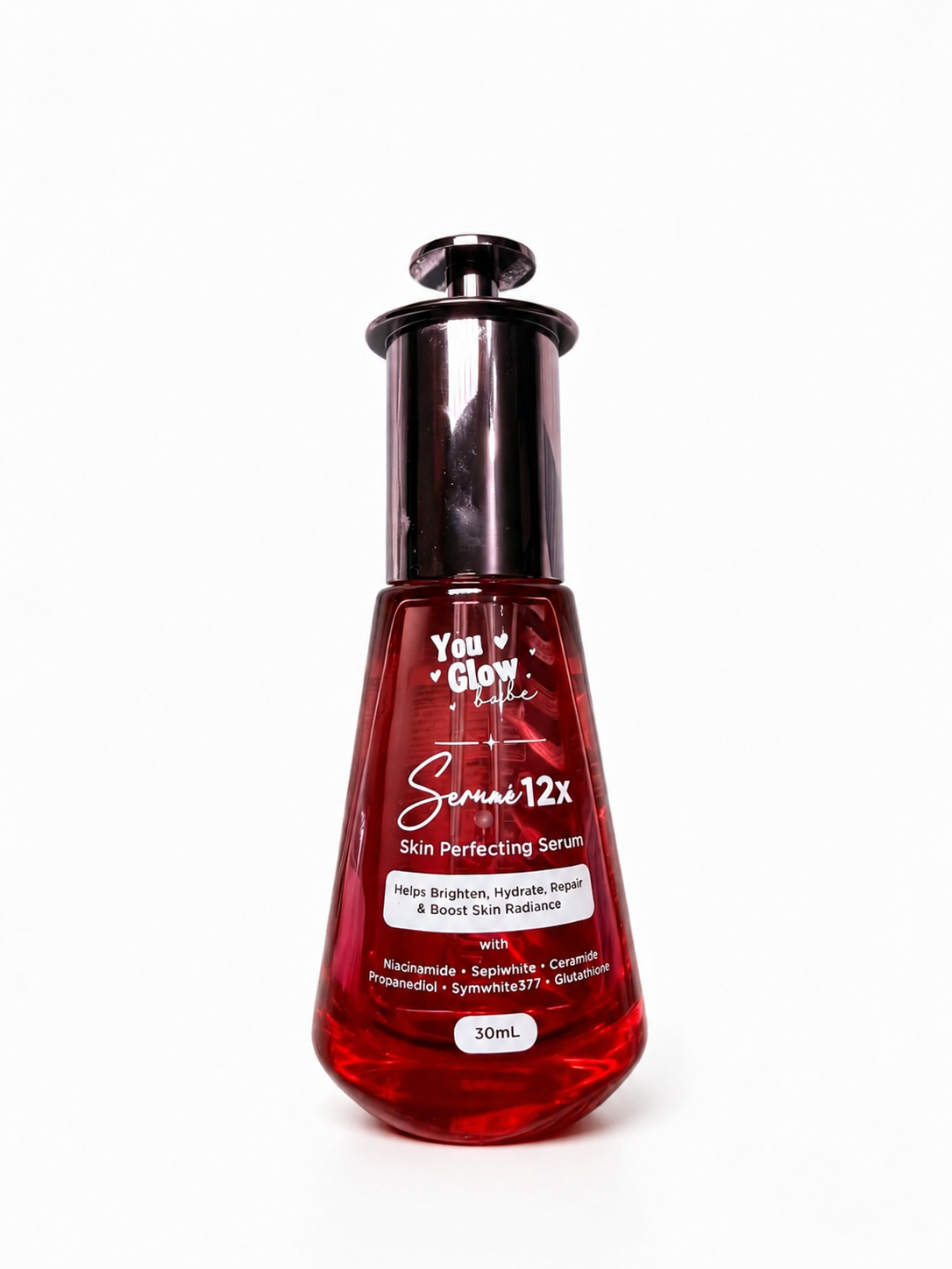 A 30ml bottle of You Glow Skin Perfecting Serum, featuring a translucent deep red body and a shiny black cap, set against a plain white background.
