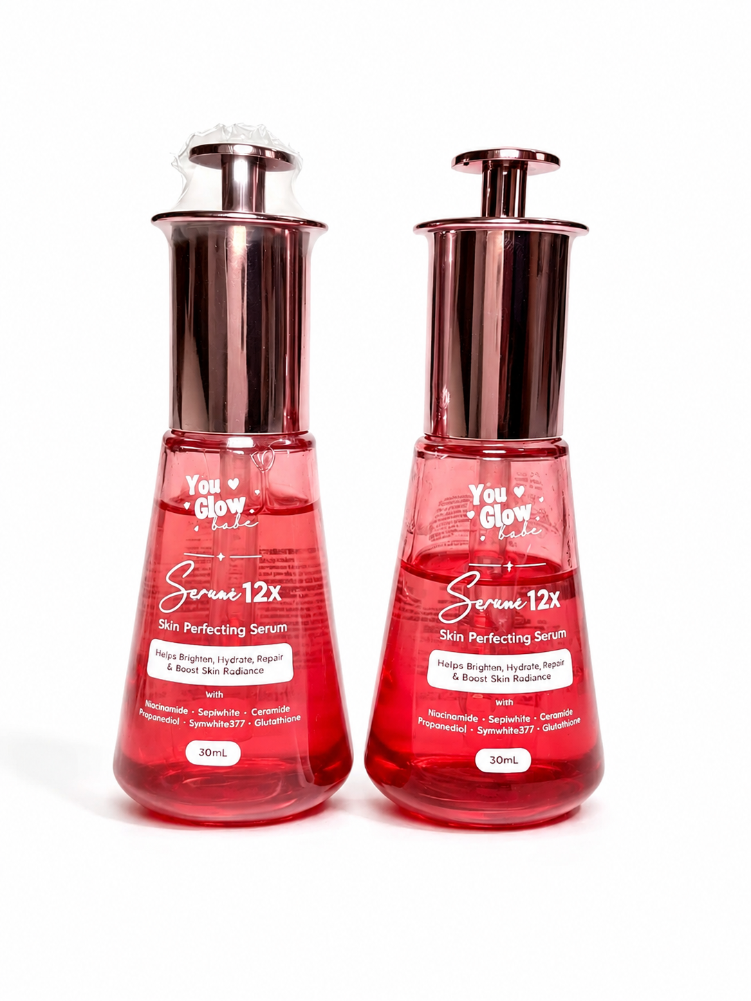 Two 30ml bottles of You Glow Skin Perfecting Serum (Sera 12x) with metallic rose gold caps and red liquid, shown on a white background.