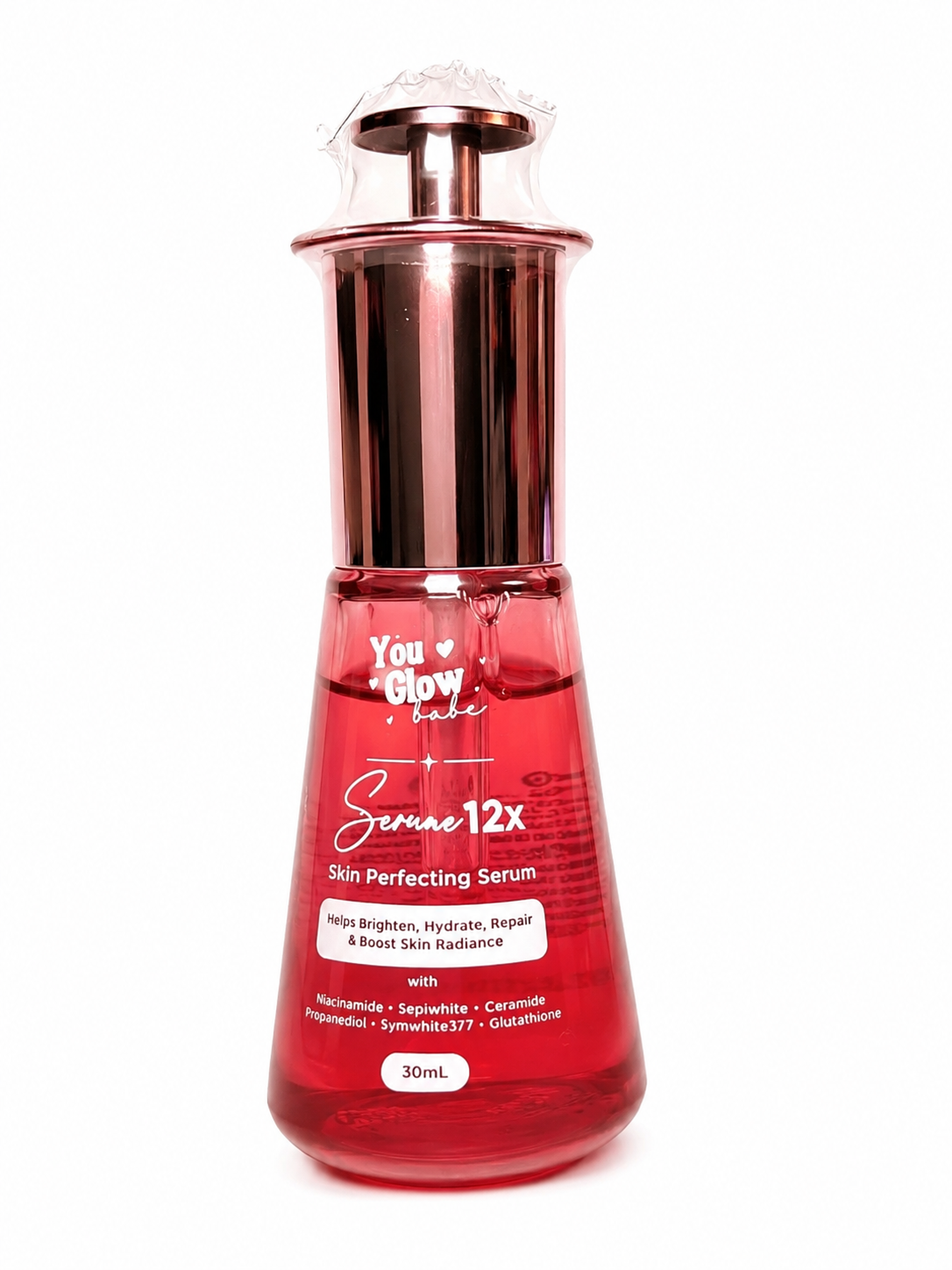 A 30ml bottle of You Glow Skin Senai 12x Skin Perfecting Serum, featuring a metallic rose gold pump dispenser and a translucent red bottle filled with red serum, set against a plain white background.