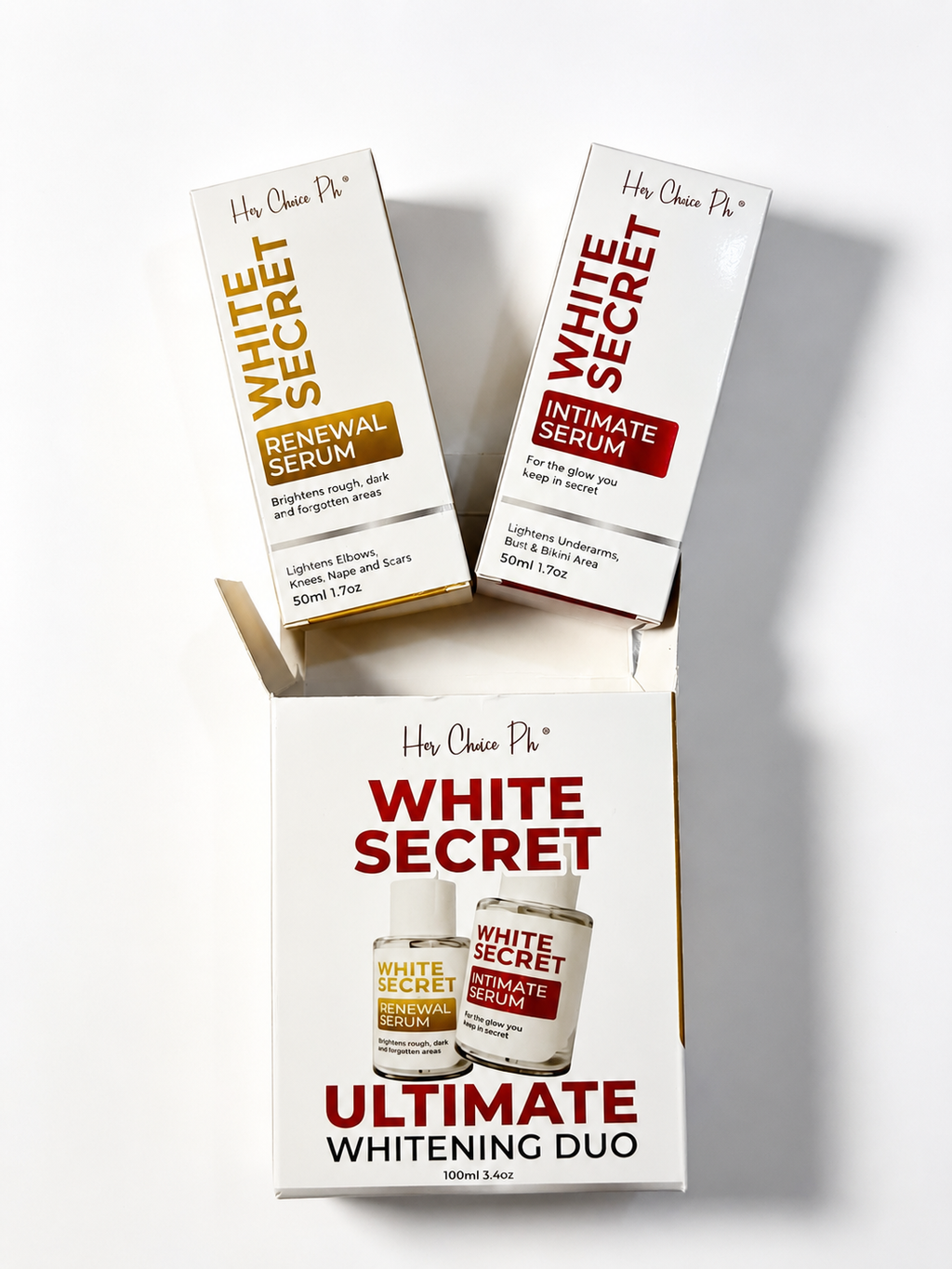 Three skincare product boxes from H’a’l ” Chose Pl·” arranged on a white background: two upright boxes labeled White Secret Renewal Serum and White Secret Intimate Serum, and one larger front-facing box labeled White Secret Ultimate Whitening Duo.