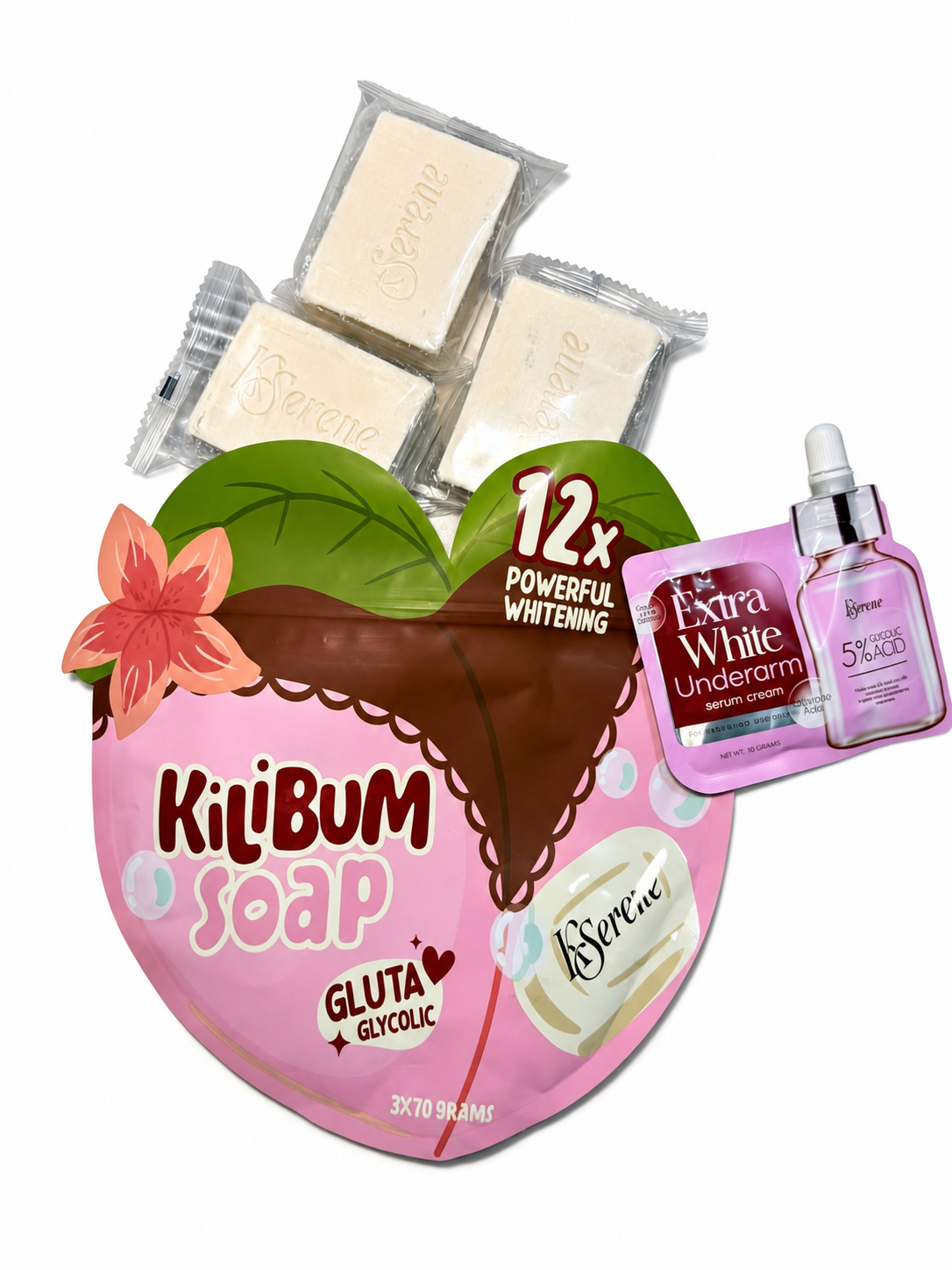 A skincare bundle featuring Kilibum Soap, three wrapped bars of Servane soap, and an Extra White Underarm treatment set, arranged on a plain white background.