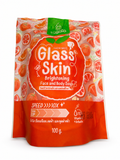 A 100g pouch of Glass Skin Brightening Face and Body Soap by Glow Mart, featuring a vibrant orange and red design with citrus slice illustrations.