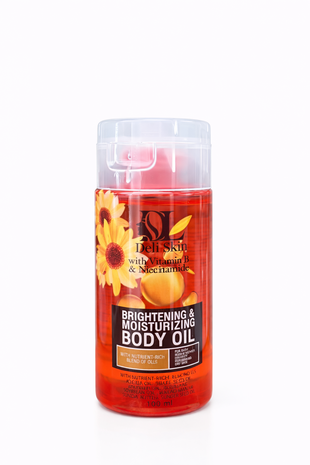 Deli Skin moisturizing body oil with Vitamin C and Niacinamide, featuring a sleek bottle and clear liquid for hydrating glow.