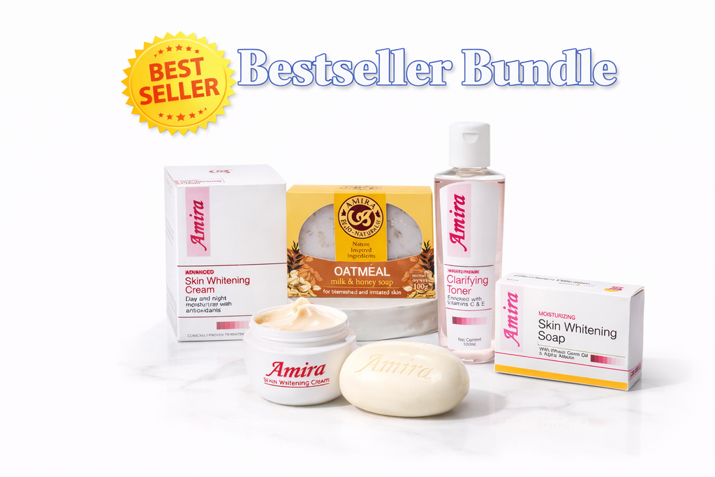 Amira Complete Radiance Skincare Bundle with four day and night skincare products in sleek packaging.