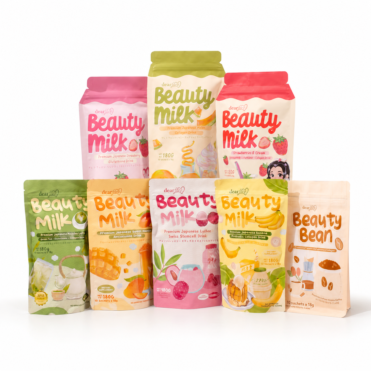 Assorted Beauty Milk and Beauty Bean packages on a white background