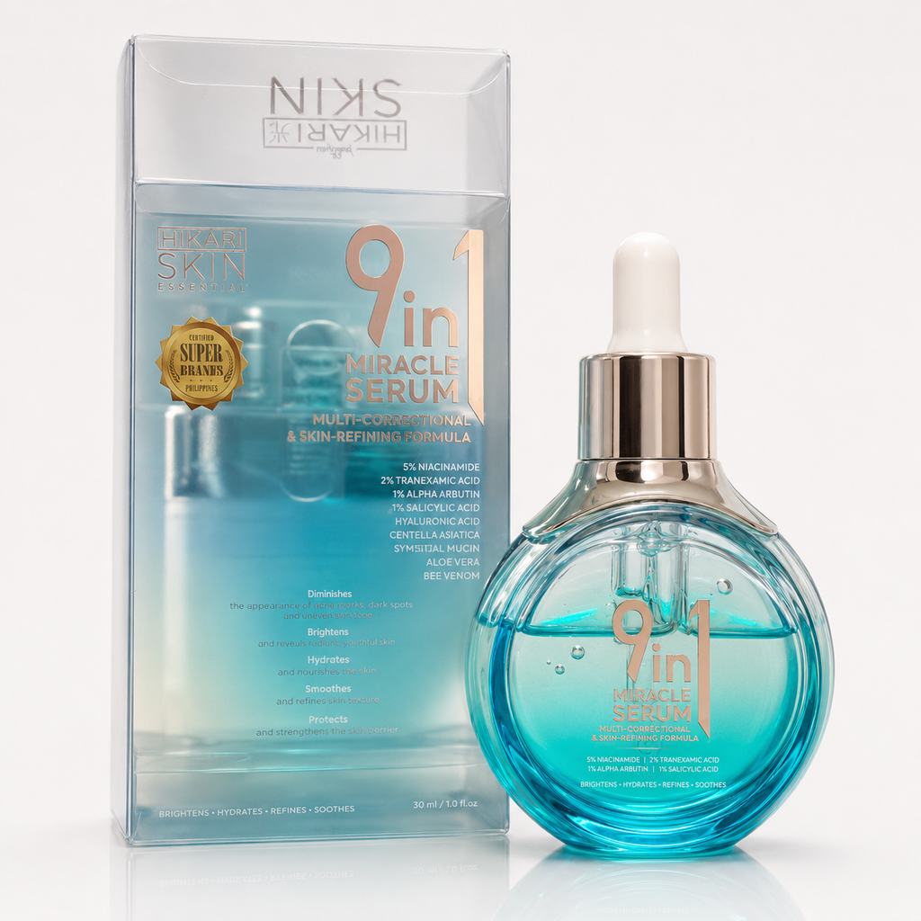 Hikari Skin Essentials Brightening & Hydrating Face Serum in a 30ml bottle, with a clear dropper and sleek packaging.