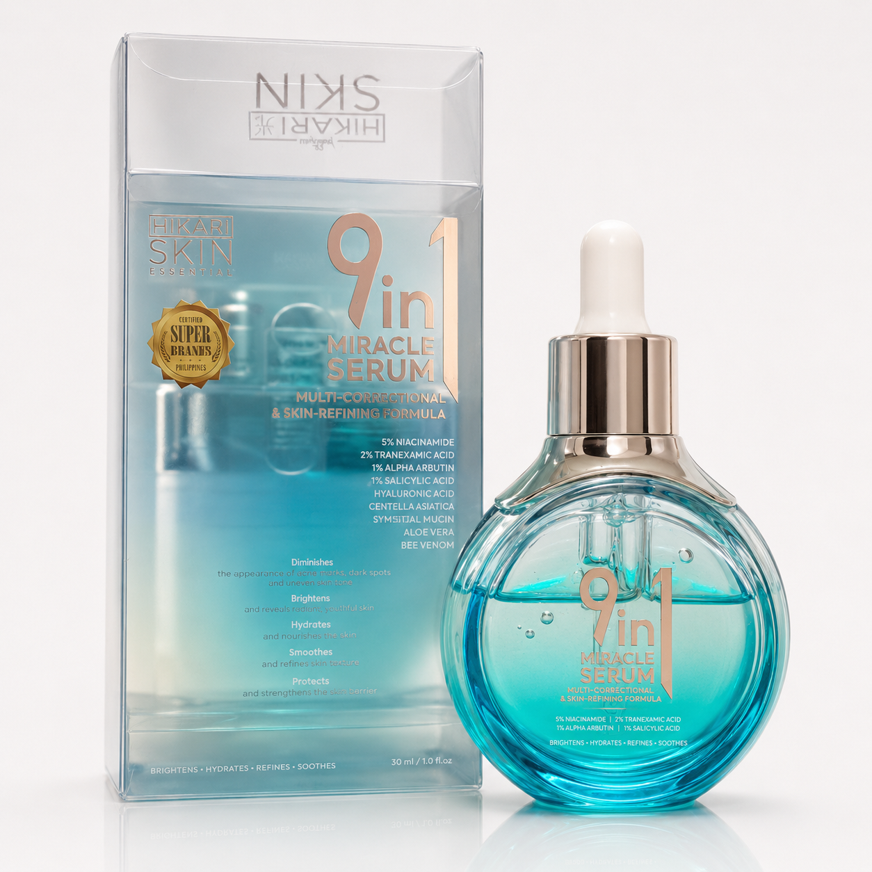 Hikari Skin Essentials Brightening & Hydrating Face Serum in a 30ml bottle, with a clear dropper and sleek packaging.