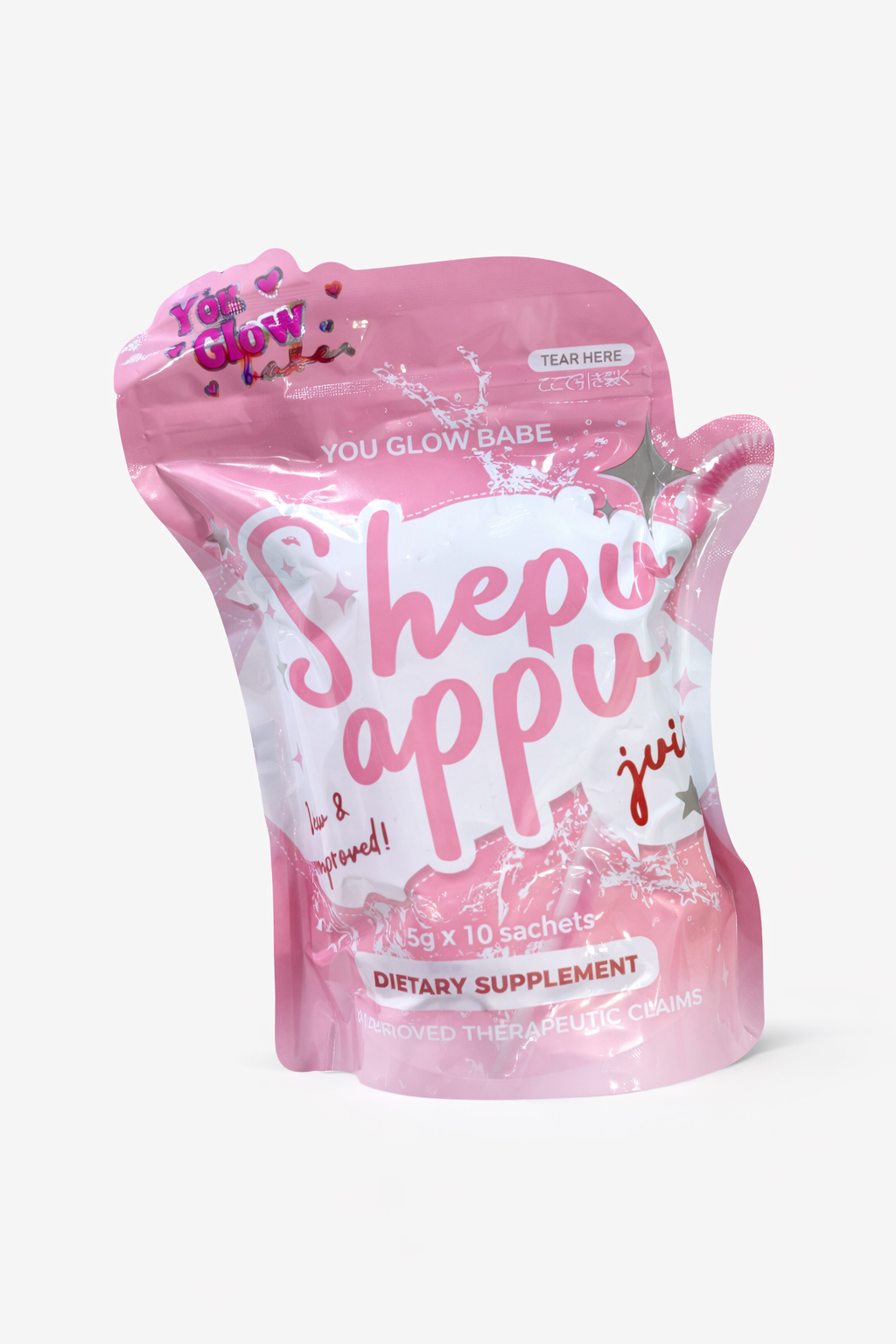 Shepappy dietary supplement package with pink and white design on a white background