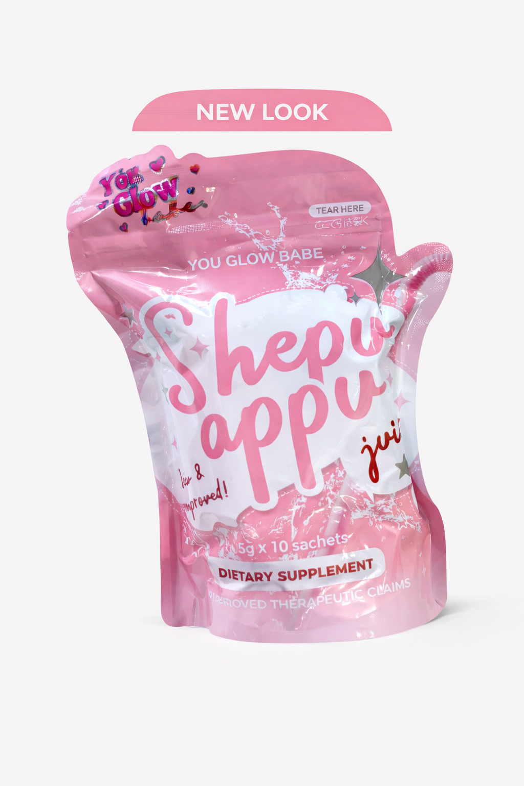 Shepappu dietary supplement package with pink and white design on a white background