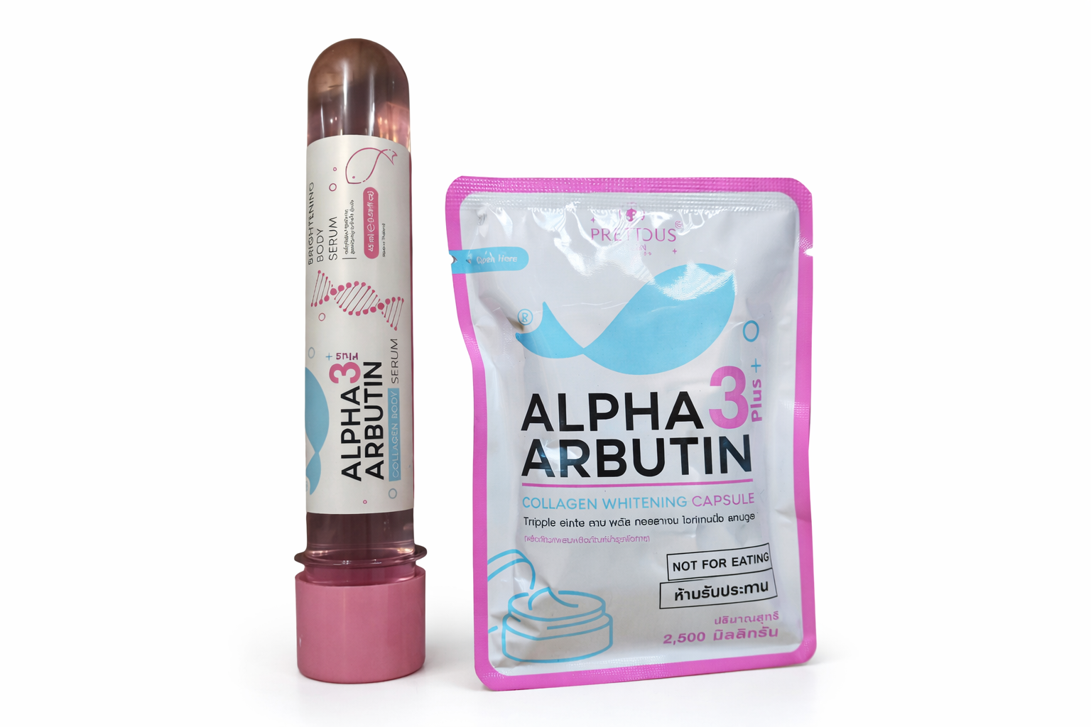 Precious Skin Alpha Arbutin Radiance Plus powder or serum for body care, featuring a sleek bottle with a white cap and clear label.