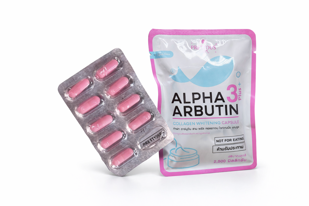Precious Skin Alpha Arbutin Radiance Plus powder or serum for body care, featuring a sleek bottle with a pump dispenser.