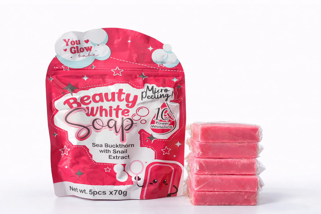 Set of five You Glow Babe Beauty Radiance Soap bars, 70g each, featuring creamy white soap with subtle branding details.