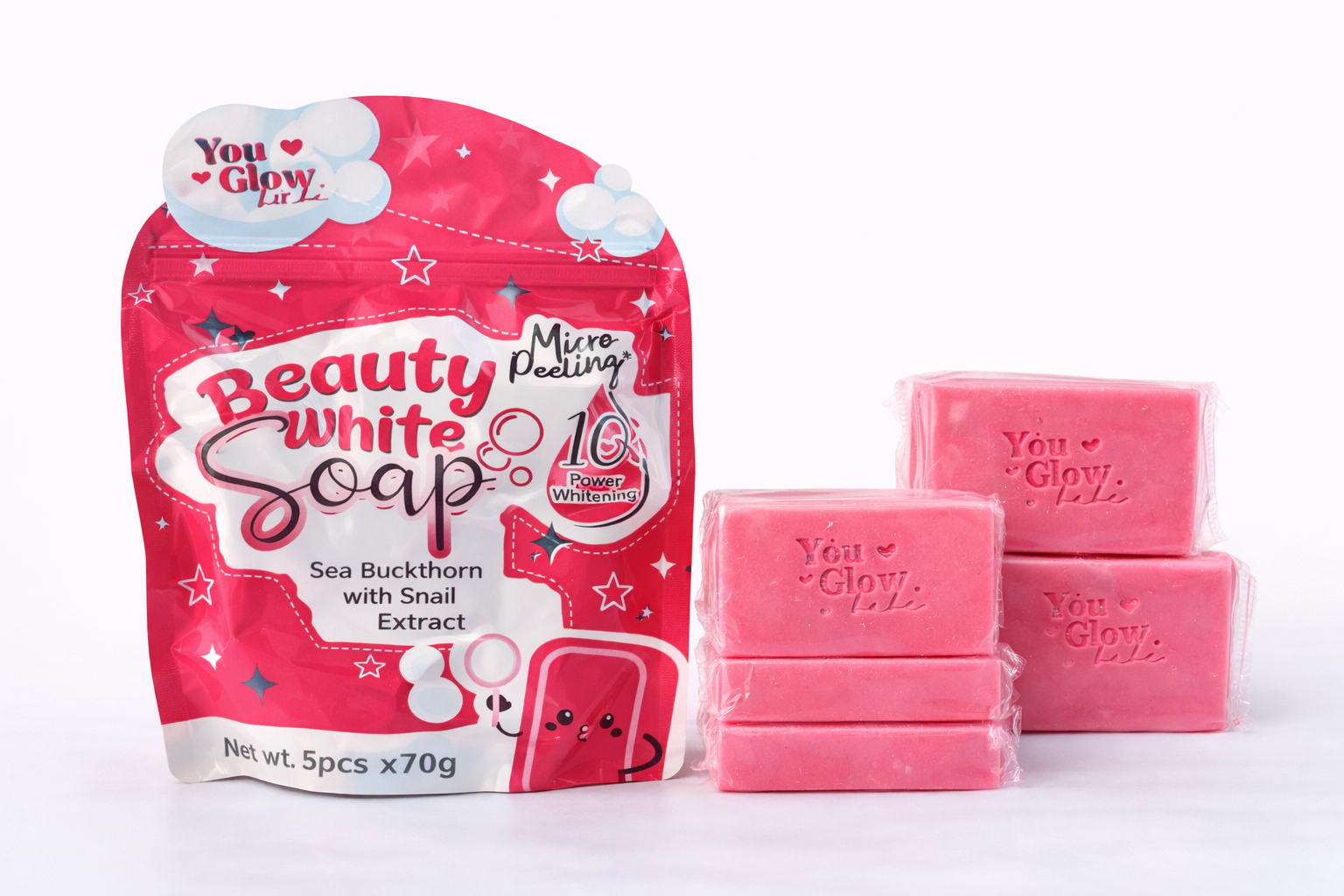 You Glow Babe Beauty Radiance Soap bars, 5-pack, 70g each, featuring creamy lather and radiant skin benefits.