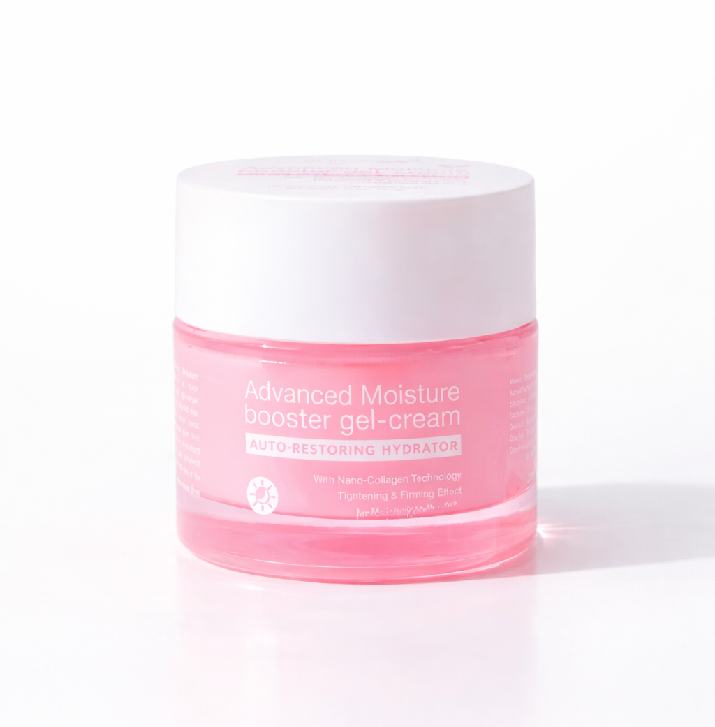 Brilliant Skin Essentials Moisture Booster Gel-Cream in 50g jar, smooth and hydrating skincare product with a white and blue packaging design.