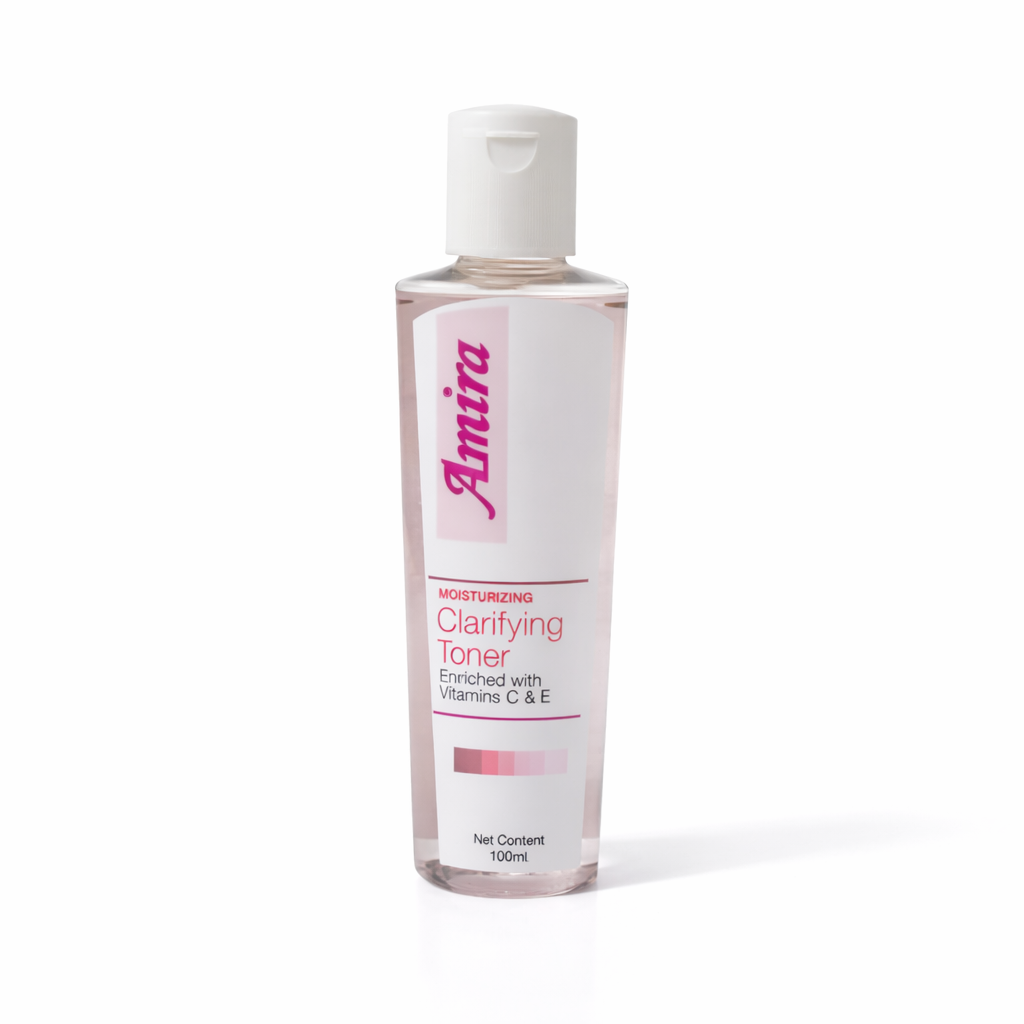 Amira Moisturising Clarifying Facial Toner in 100ml bottle with Vitamin C and E, featuring a clear liquid and minimalist label.