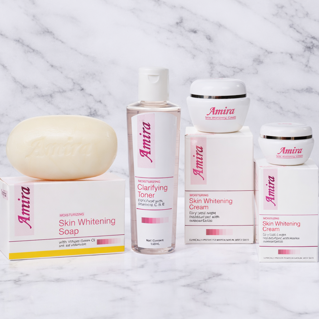 Amira moisturizing clarifying facial toner with vitamin C and E in a 100ml bottle, featuring a clear liquid and a white cap.