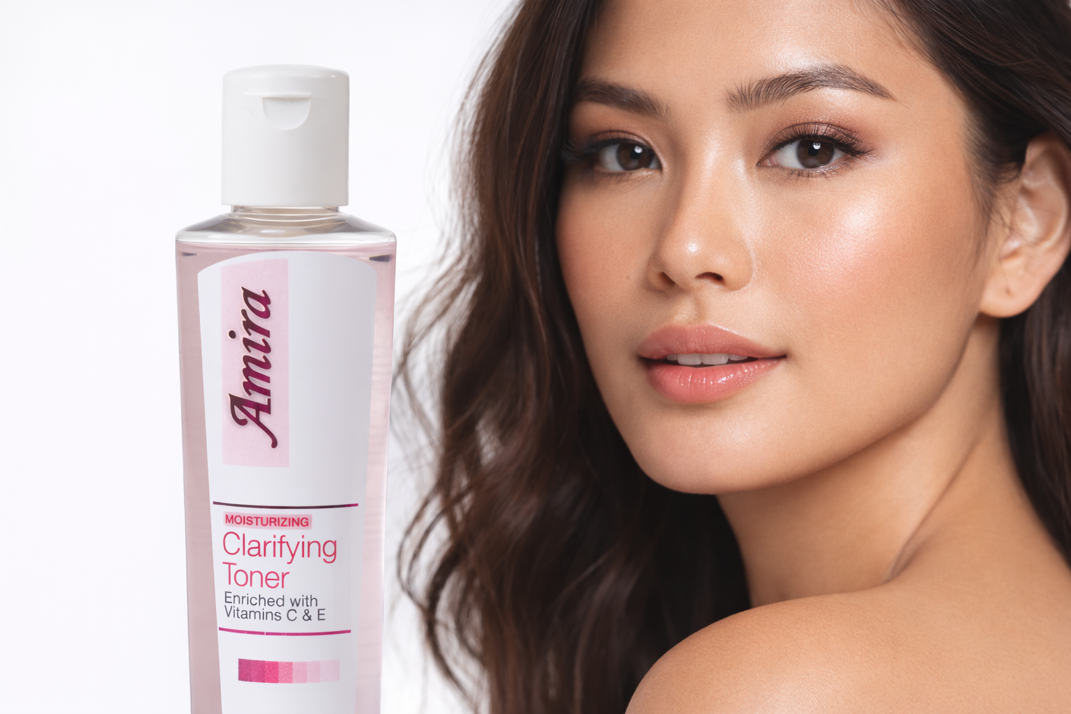 Amira Moisturising Clarifying Facial Toner with Vitamin C and E in a 100ml bottle, featuring a clear liquid and a white cap.