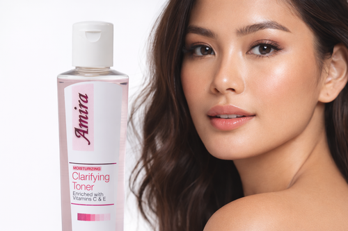 Amira Moisturising Clarifying Facial Toner with Vitamin C and E in a 100ml bottle, featuring a clear liquid and a white cap.
