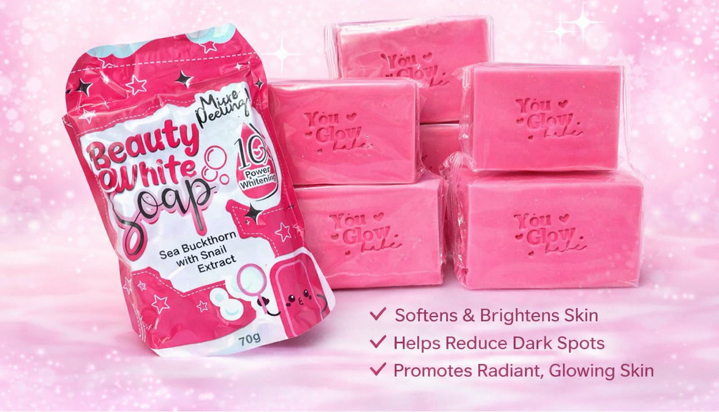 Set of five You Glow Babe Beauty Radiance Soap bars, 70g each, featuring creamy texture and radiant skincare ingredients.