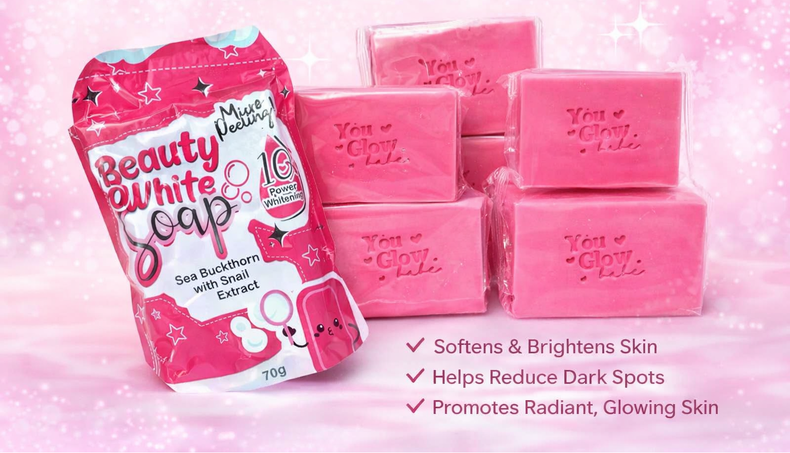 Set of five You Glow Babe Beauty Radiance Soap bars, 70g each, featuring creamy texture and radiant skincare ingredients.