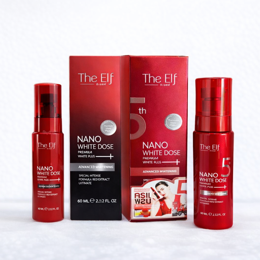 The Elf Nano Radiance Dose Serum 60ml bottle showing a sleek, clear glass container with a white pump dispenser.