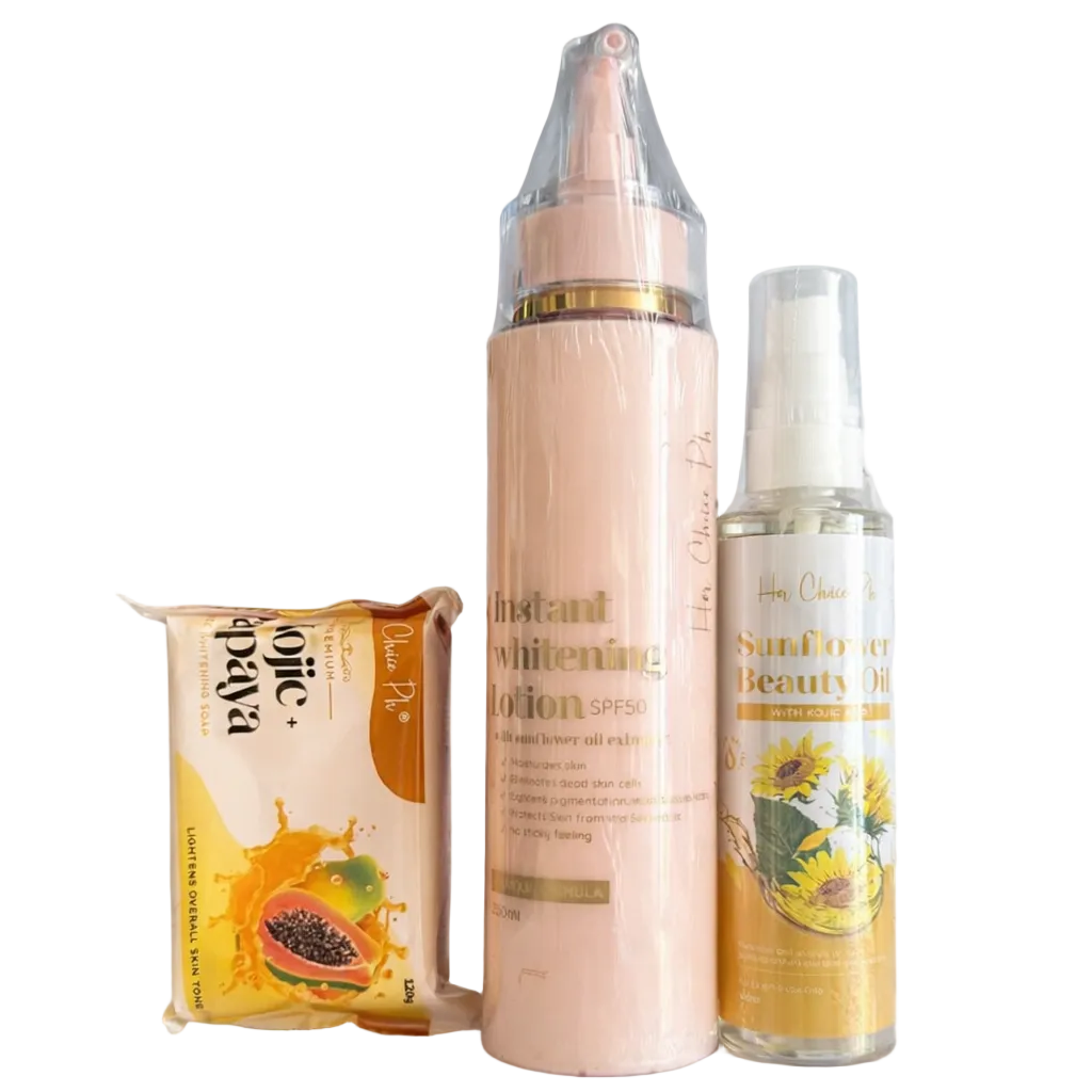 Her Choice PH Radiance Body Oil, lotion, and soap set with 120g each, featuring nourishing body care products in elegant packaging.
