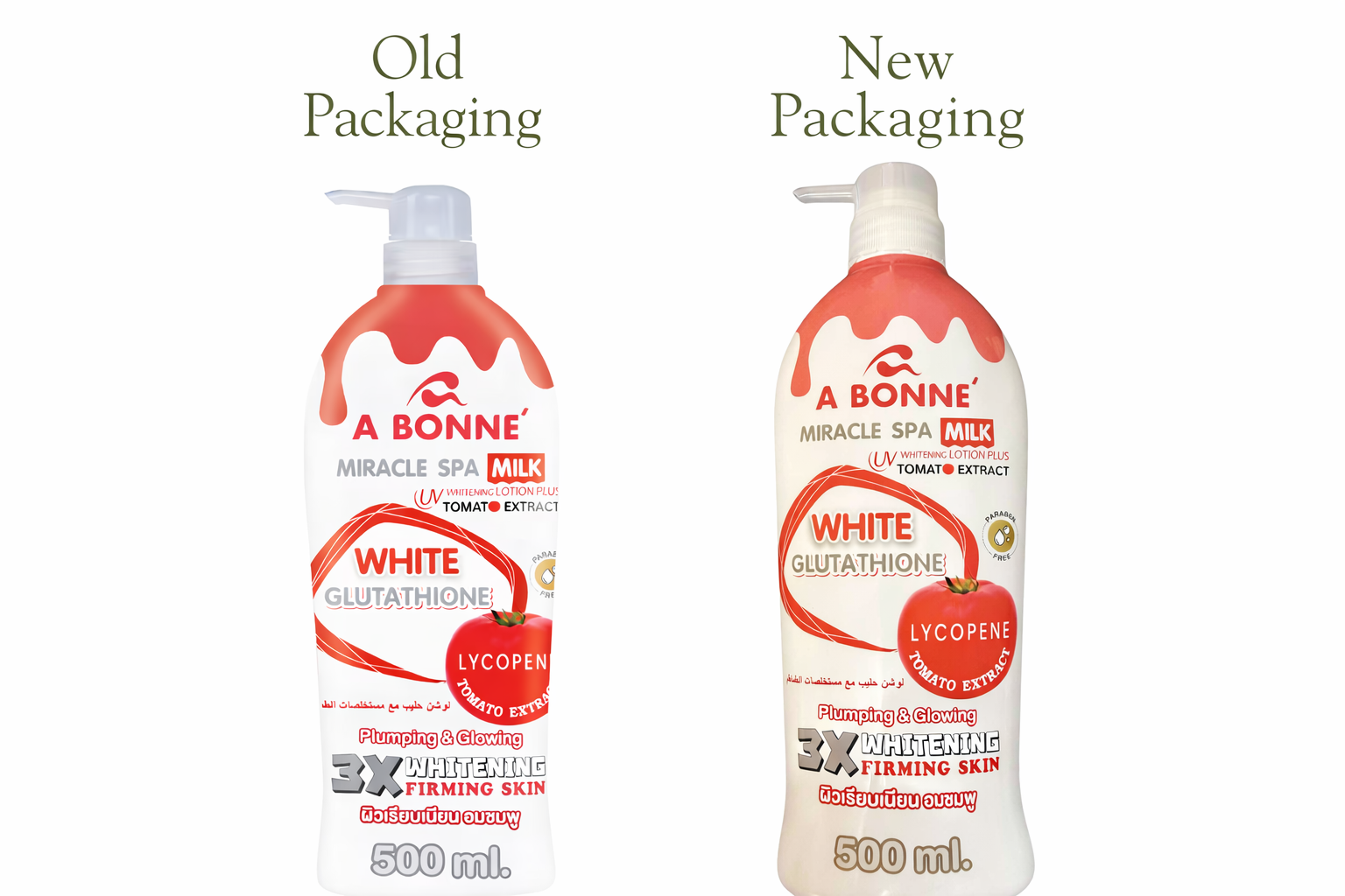 A Bonne Milk Body Lotion 500ml bottle in five variants, featuring smooth, creamy texture and colorful packaging.