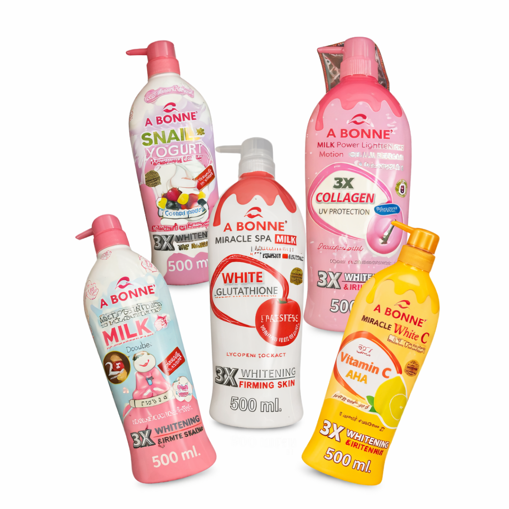 A Bonne Milk Body Lotion 500ml bottles in five variants, featuring smooth, creamy textures and colorful packaging.