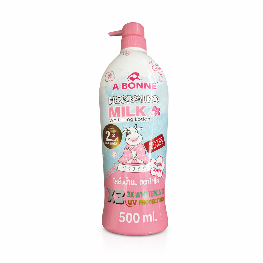 A bottle of A Bonne Milk Body Lotion 500ml with five variants, featuring a sleek white container and colorful label details.