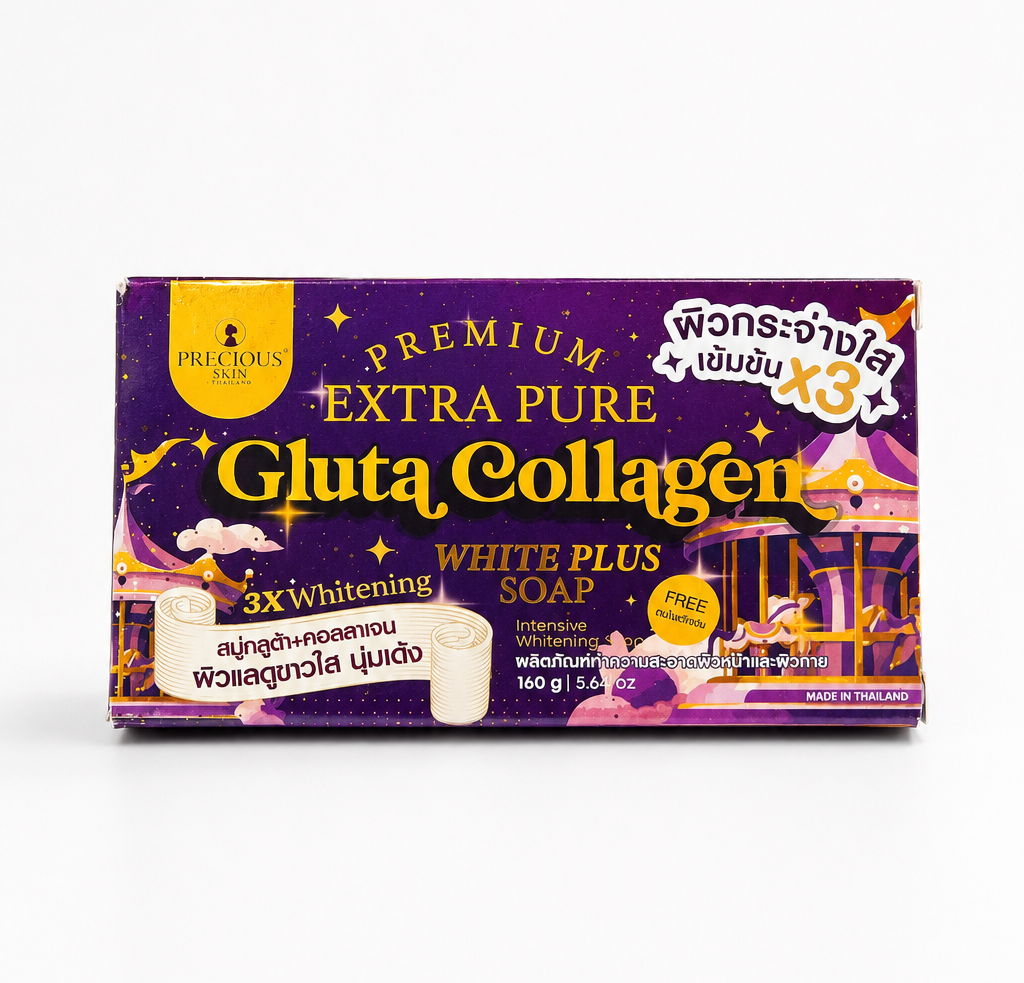 A rectangular box of Pultun Premium Extra Pure Gluta Collagen White Plus Soap, featuring a purple and gold design with illustrations of a carousel and a soap bar, set against a plain white background.