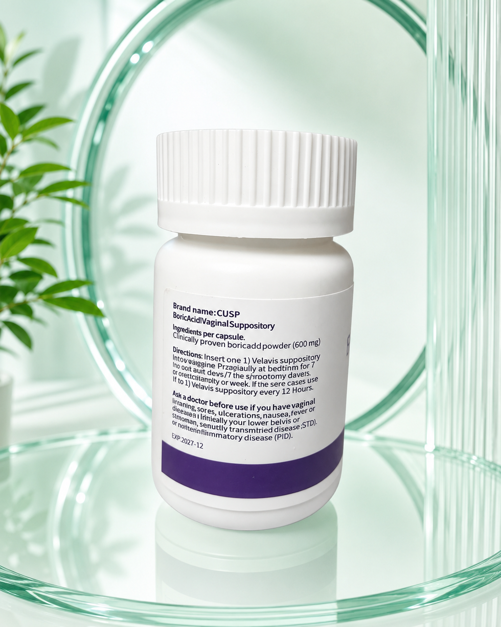 A white plastic bottle of CUSP Benadryl/Valine Suppository capsules, shown on a clear glass stand with a soft green and white background.