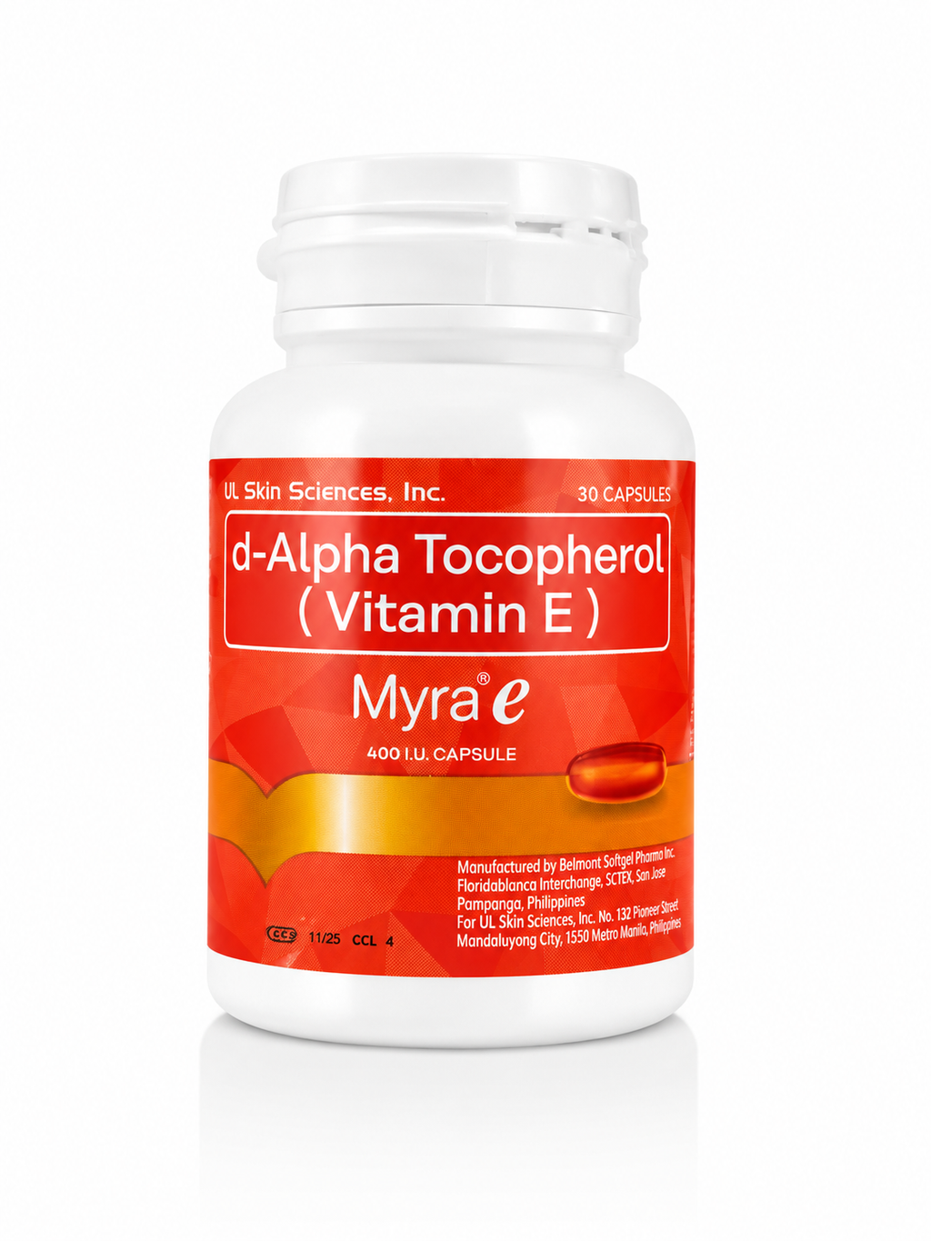 A white plastic bottle of Myra e d-Alpha Tocopherol (Vitamin E) capsules, featuring a red and orange label with white text, on a clean white background with a soft reflection.