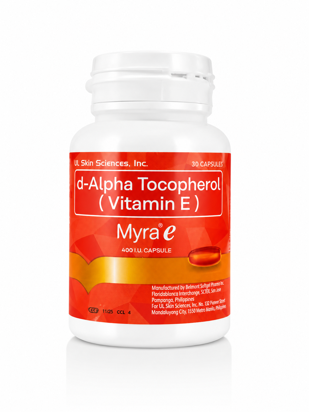 A white plastic bottle of Myra e d-Alpha Tocopherol (Vitamin E) capsules, featuring a red and orange label with white text, on a clean white background with a soft reflection.