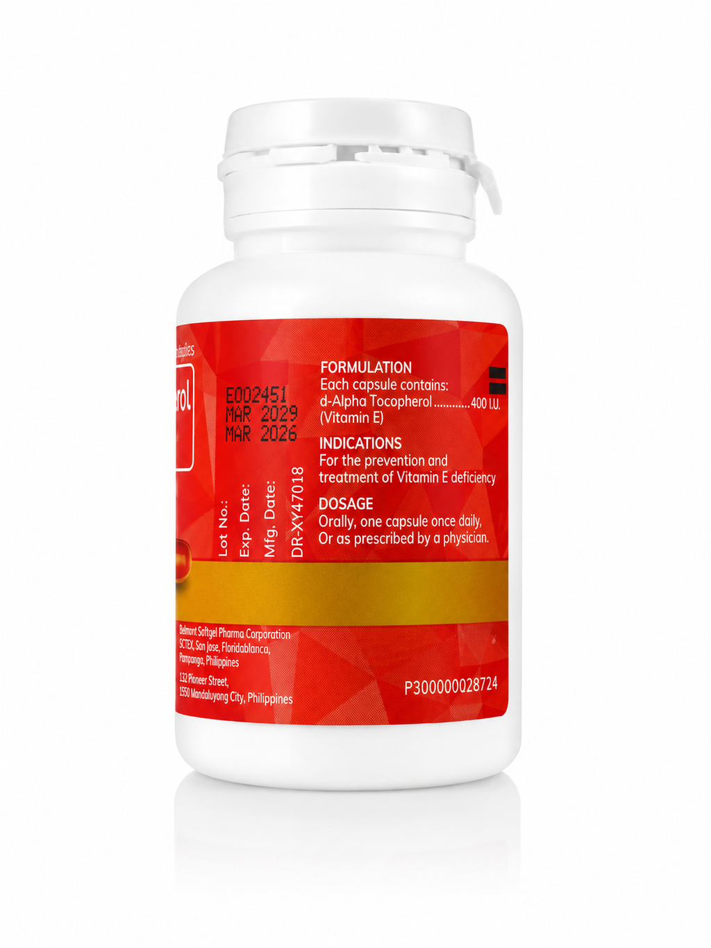 A white plastic bottle of dietary supplements with a red and yellow label, shown on a clean white background with a soft reflection.