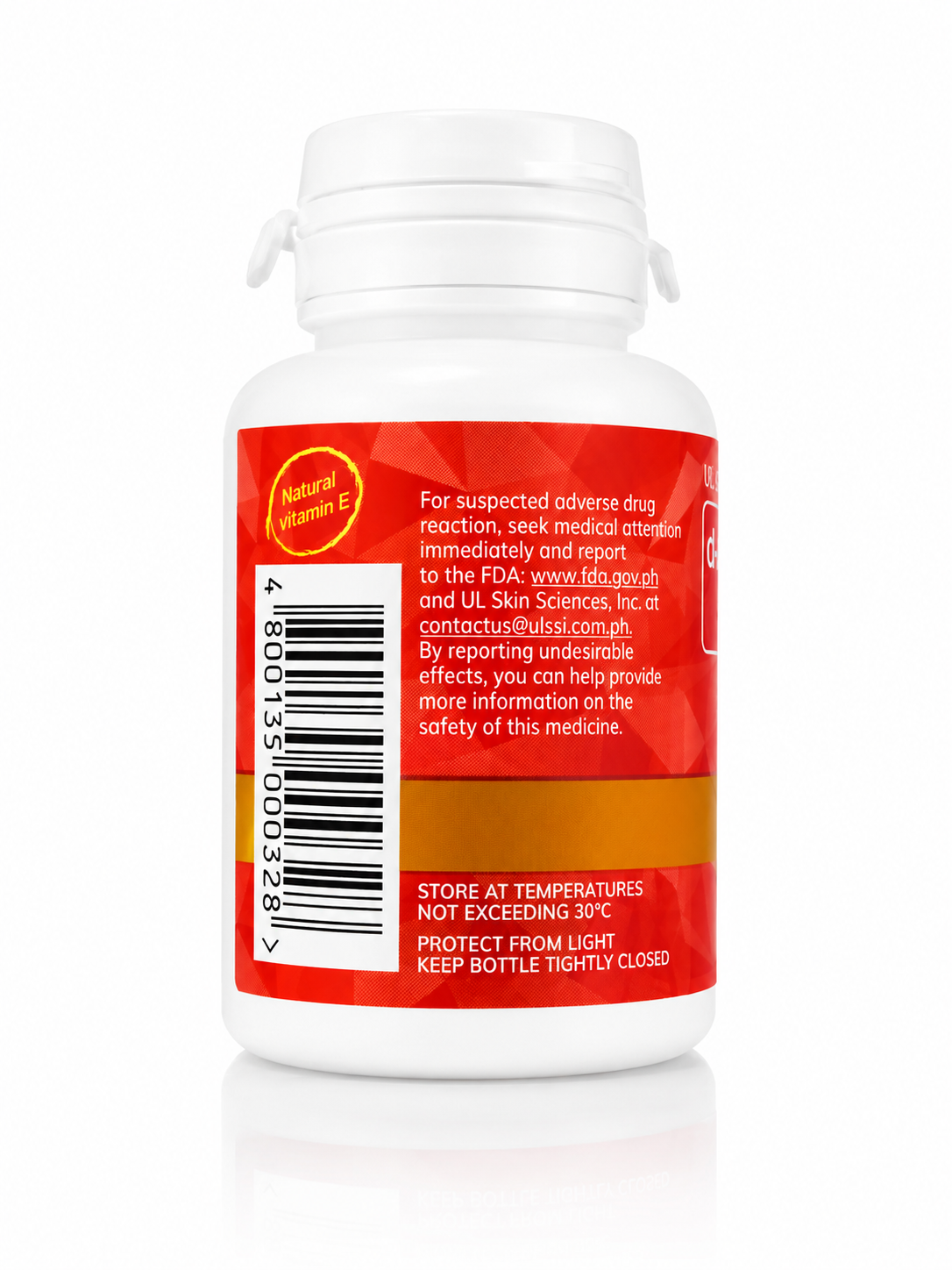 A white plastic supplement bottle with a red and orange label, showing the back side with a barcode, 'Natural Vitamin B' badge, and storage instructions.