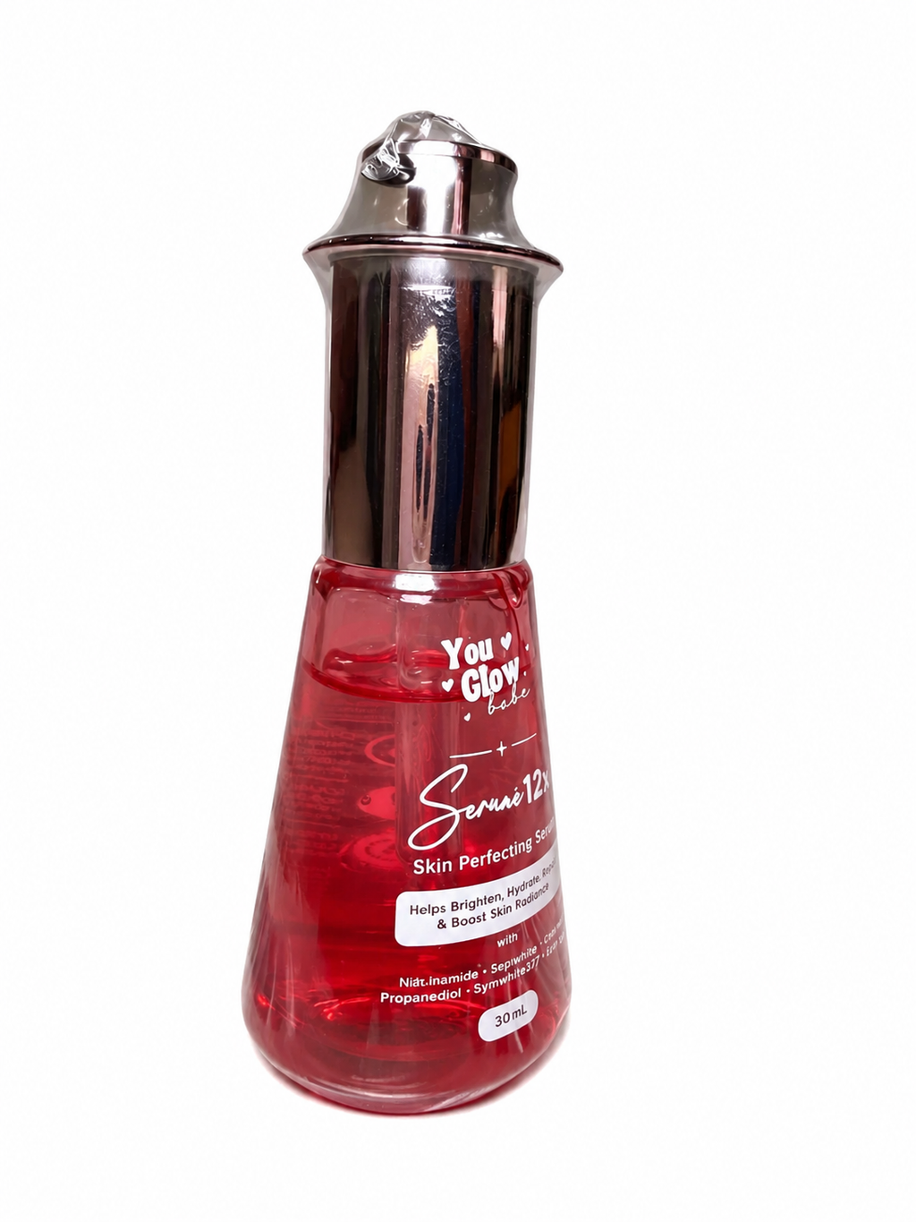 A bottle of You Glow Red Sensuous Skin Perfecting Serum with a shiny silver cap, shown on a plain white background.