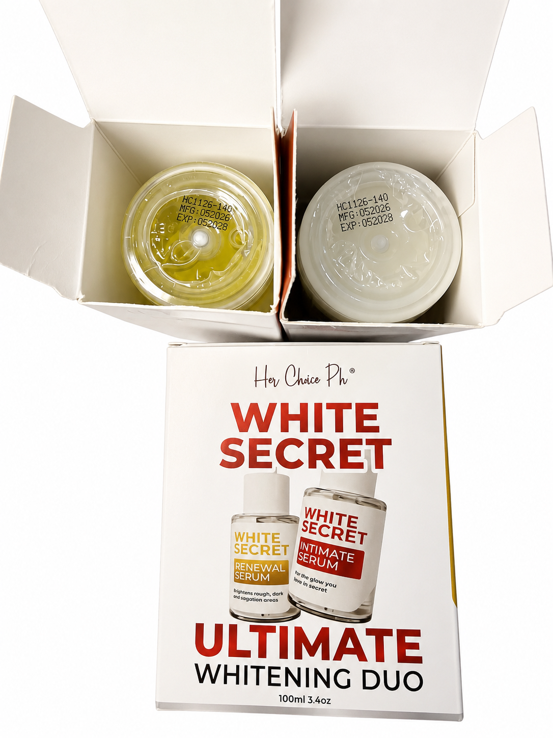 White Choice Ph's White Secret Ultimate Whitening Duo shown with its open white box and the front packaging card below, containing two round cosmetic jars.