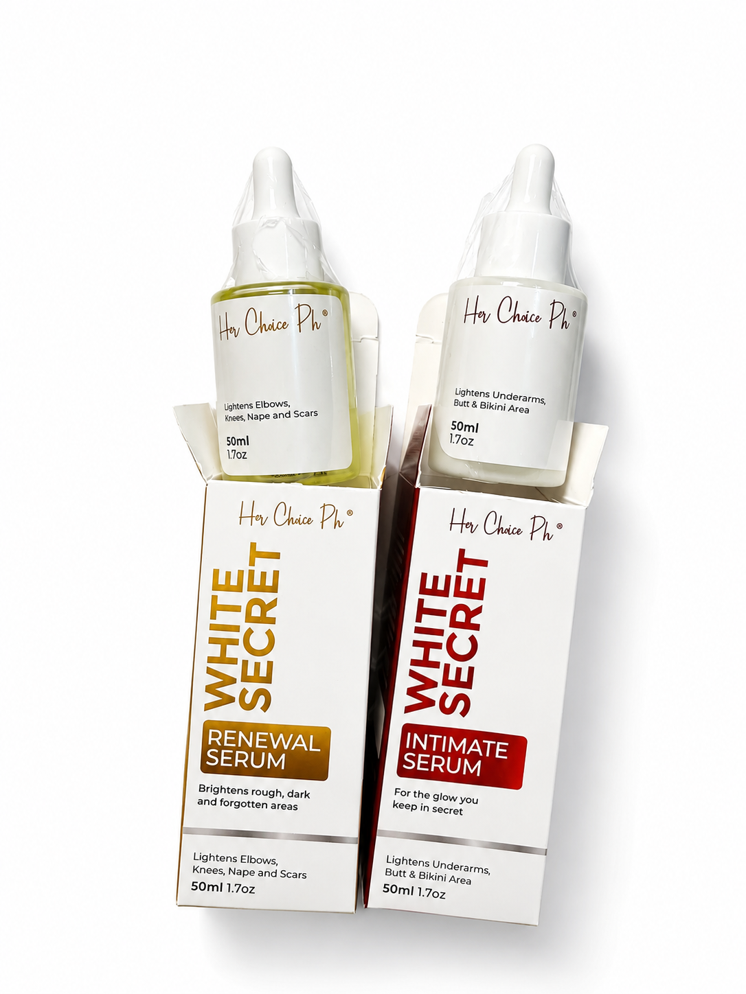 Two white dropper bottles and matching boxes of Haa Choo P* White Secret serum, one labeled Renewal Serum with gold text and one labeled Intimate Serum with red text, on a white background.