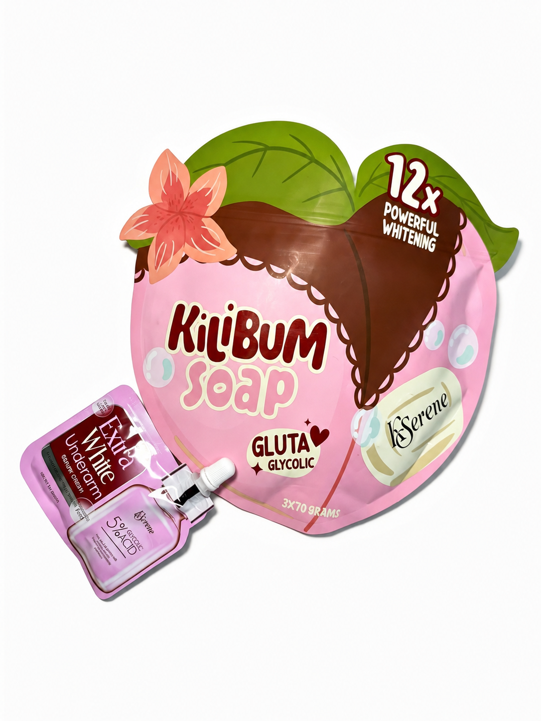 Kilum Soap Gluta+ Glycolic Whitening Hand & Body Wash set, featuring a pink and brown leaf-shaped pouch with a peach flower and a separate pink squeeze bottle of Extra White Hand & Body Wash on a white background.