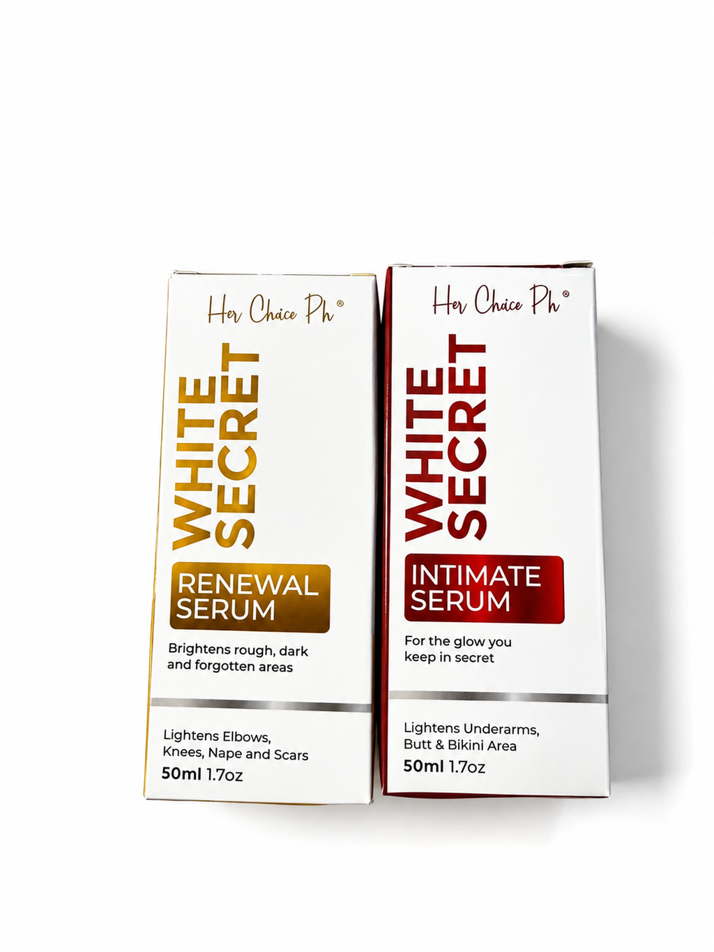 Two white cosmetic product boxes from Hn Cherie Ph on a white background. The left box reads 'WHITE SECRET RENEWAL SERUM' with gold text and a gold label, and the right box reads 'WHITE SECRET INTIMATE SERUM' with red text and a red label.