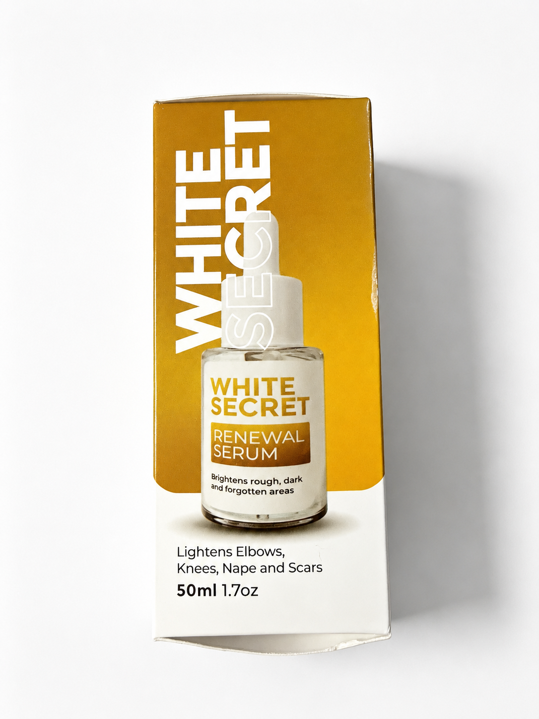 White Secret Renewal Serum 50ml bottle in front of its gold and white retail box, set against a clean white background with a soft shadow.