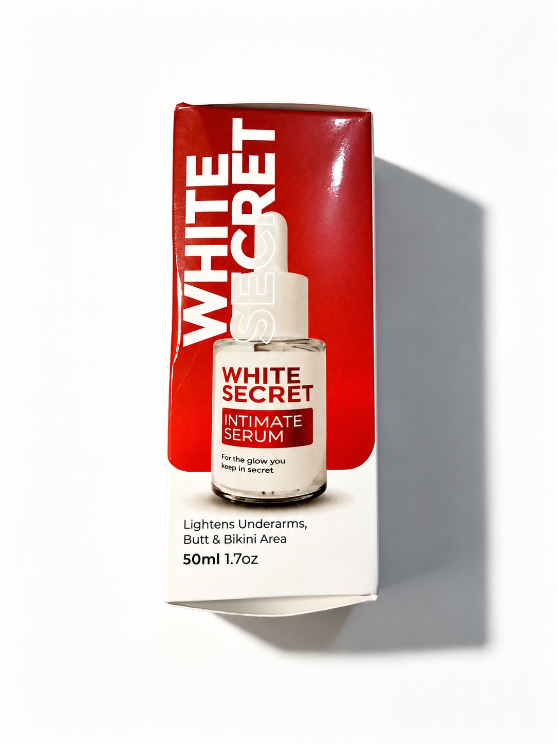 White Secret Intimate Serum 50ml bottle in front of its red and white retail packaging box, set against a clean white background with a soft shadow.