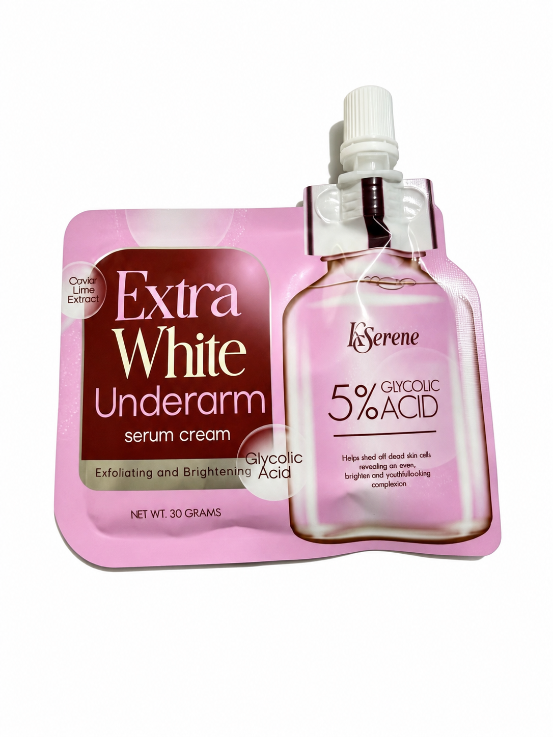 A skincare set featuring a pink squeeze pouch labeled 'Extra White Underarm serum cream' and a clear bottle labeled 'IsSerene 5% Glycolic Acid', both on a plain white background.