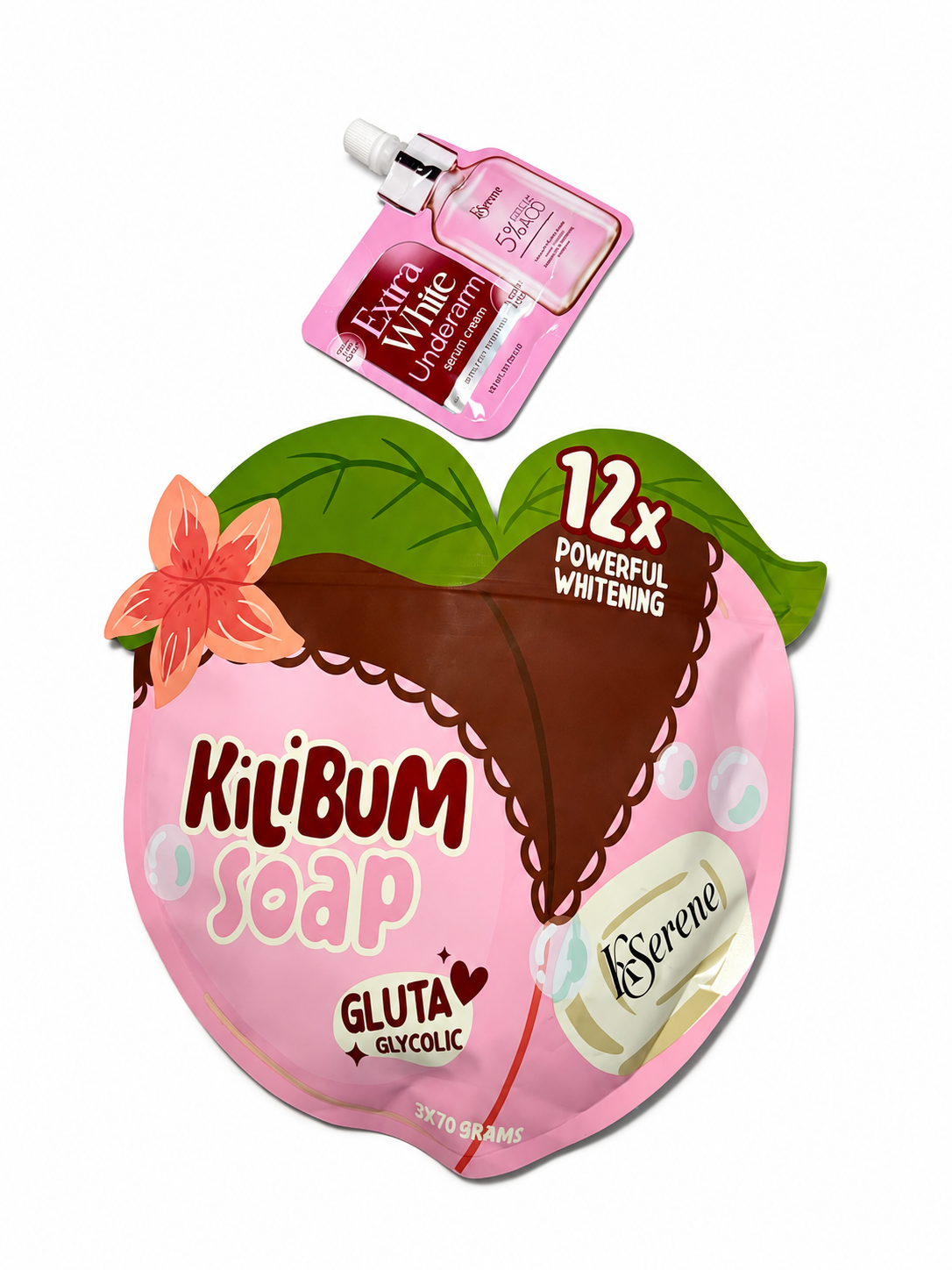 Kil'bum Soap Gluta Glycolic 280g pouch in a pink peach shape with a small bottle of Isserene Extra Vite Serum placed above it on a white background.