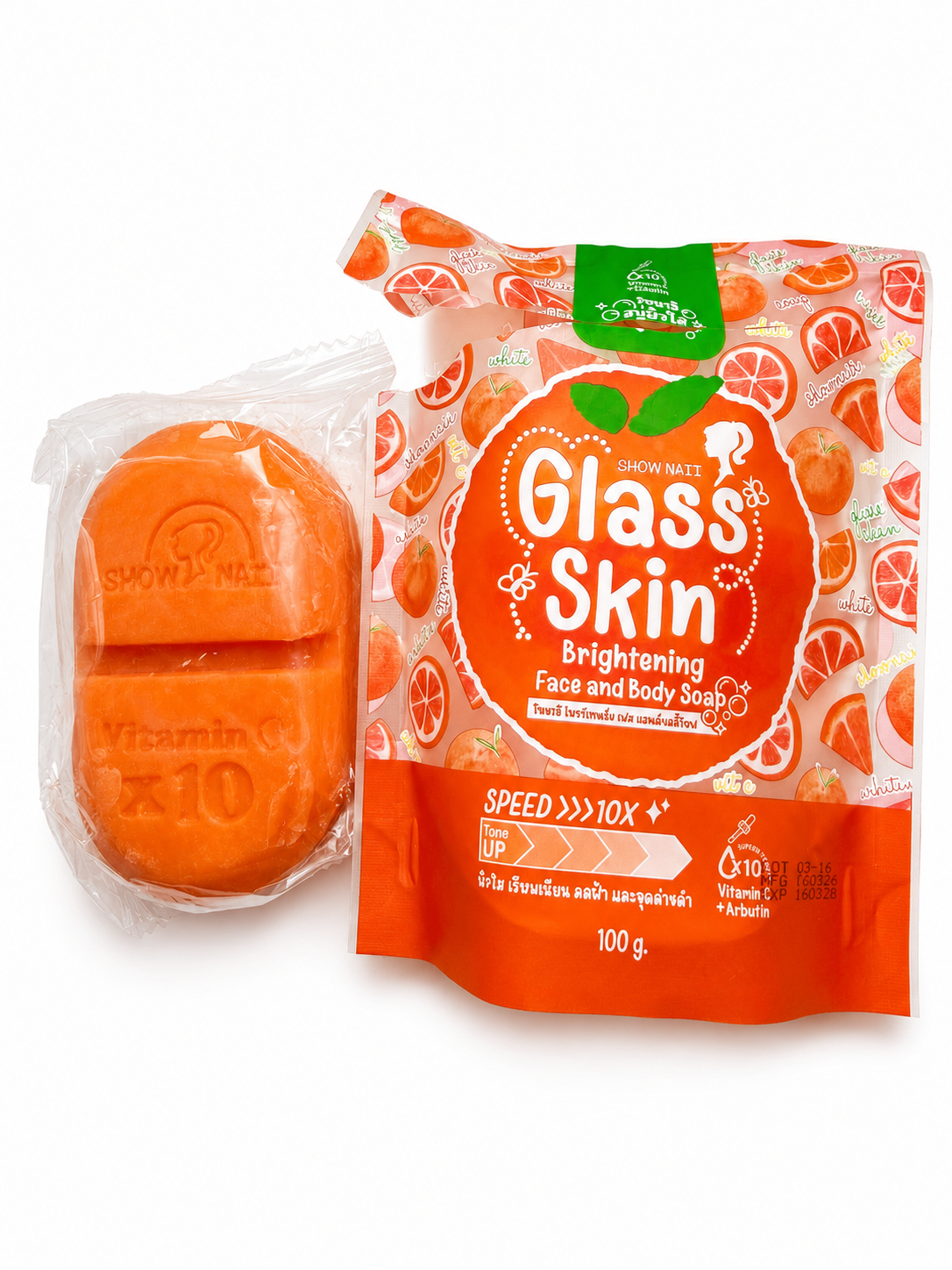 Vitamin C x10 brightening face and body soap by Show & Smile, shown as an orange bar wrapped in clear plastic next to its orange and white patterned pouch packaging.