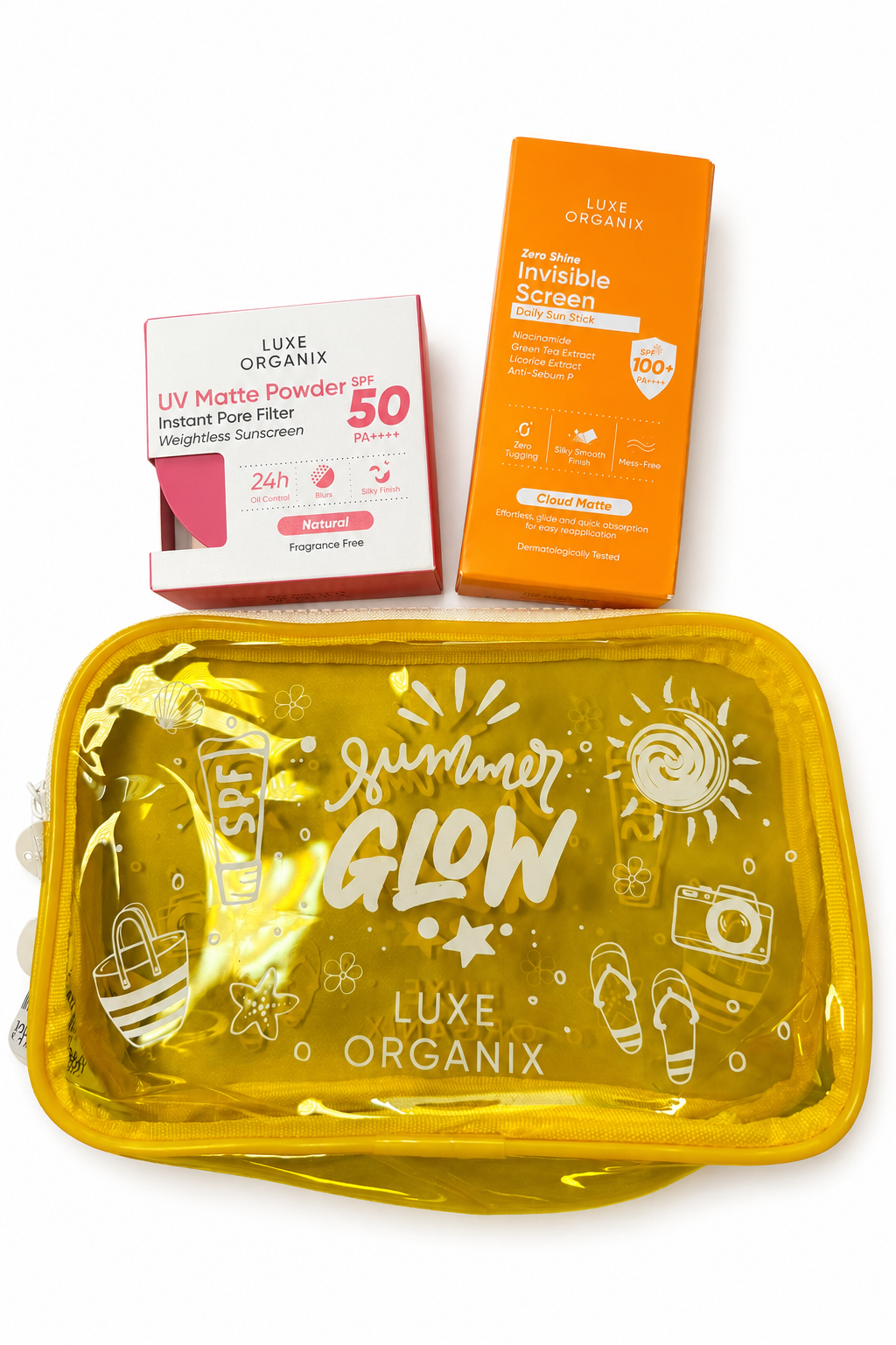 Luxe Organix summer glow sunscreen set featuring a translucent yellow zippered pouch, an orange Invisible Sunscreen box, and a pink UV Matte Powder box on a white background.