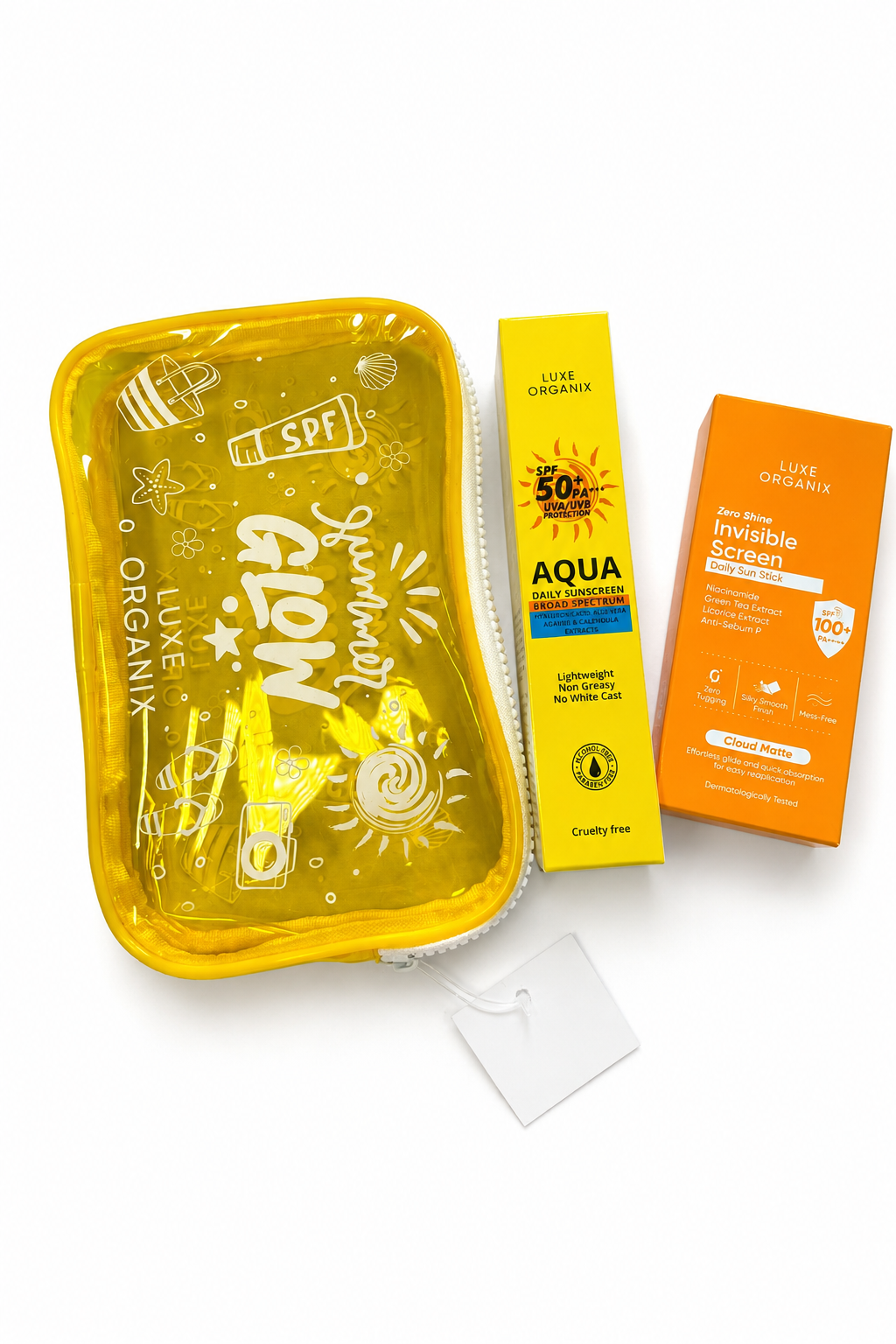 A sunscreen gift set on a white background, featuring a translucent yellow zippered pouch with white doodles and text, a yellow tube of Lure Lure Organix Aqua Sunscreen, and an orange box of Lure Lure Organix Invisible Sunscreen.